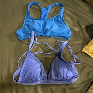 two blue bikini tops